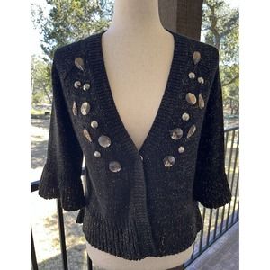 August Silk Knits Black & Gold Thread Jeweled Collar Cardigan Size L